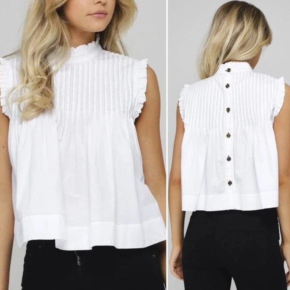 Ganni Tops - Ganni Poplin White Pintucked Ruffle Back Button Up Top Sleeveless Sz 38/6